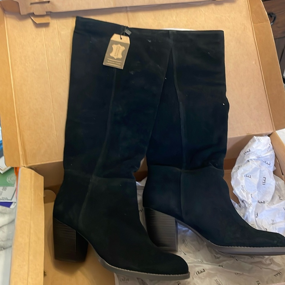 CrevoFootwear Atty Black Suede Leather Stack Block Heel Lined Knee High Boot Sz9